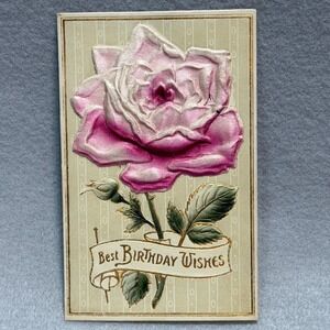 Pink Roses Embossed Best Birthday Wishes Printed in Germany c1900s POSTCARD